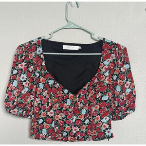 Astr Floral V-Neck Puff Sleeve Crop Top in Red, Black & Light Blue